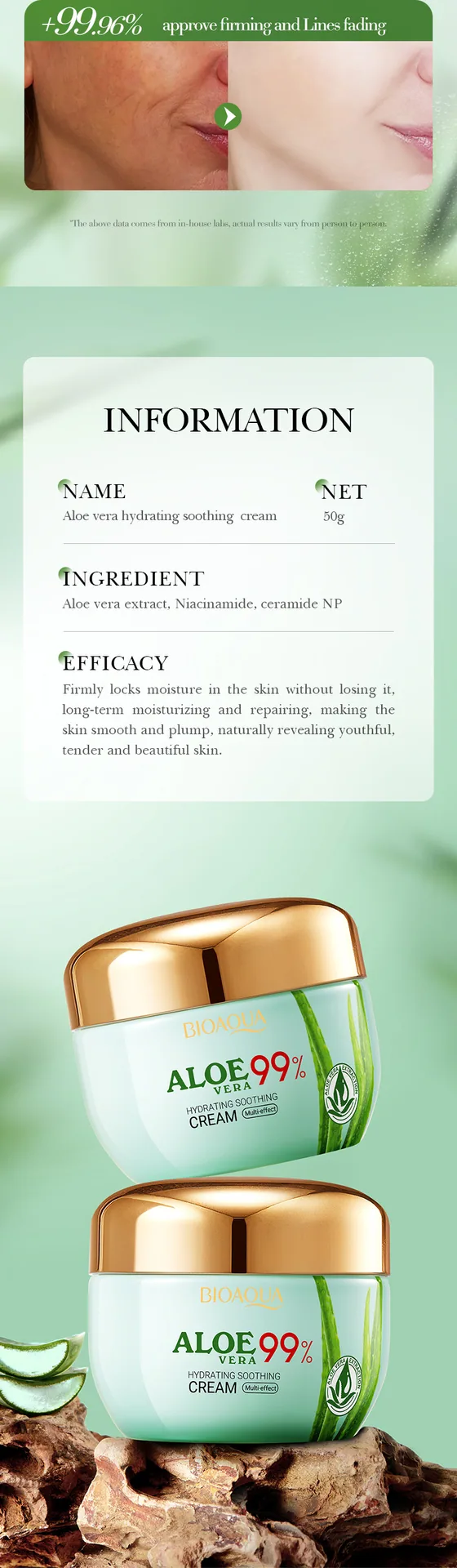 BIOAOUA aloe soothing face cream outer box display, cross-border wholesale moisturizing face cream color box design