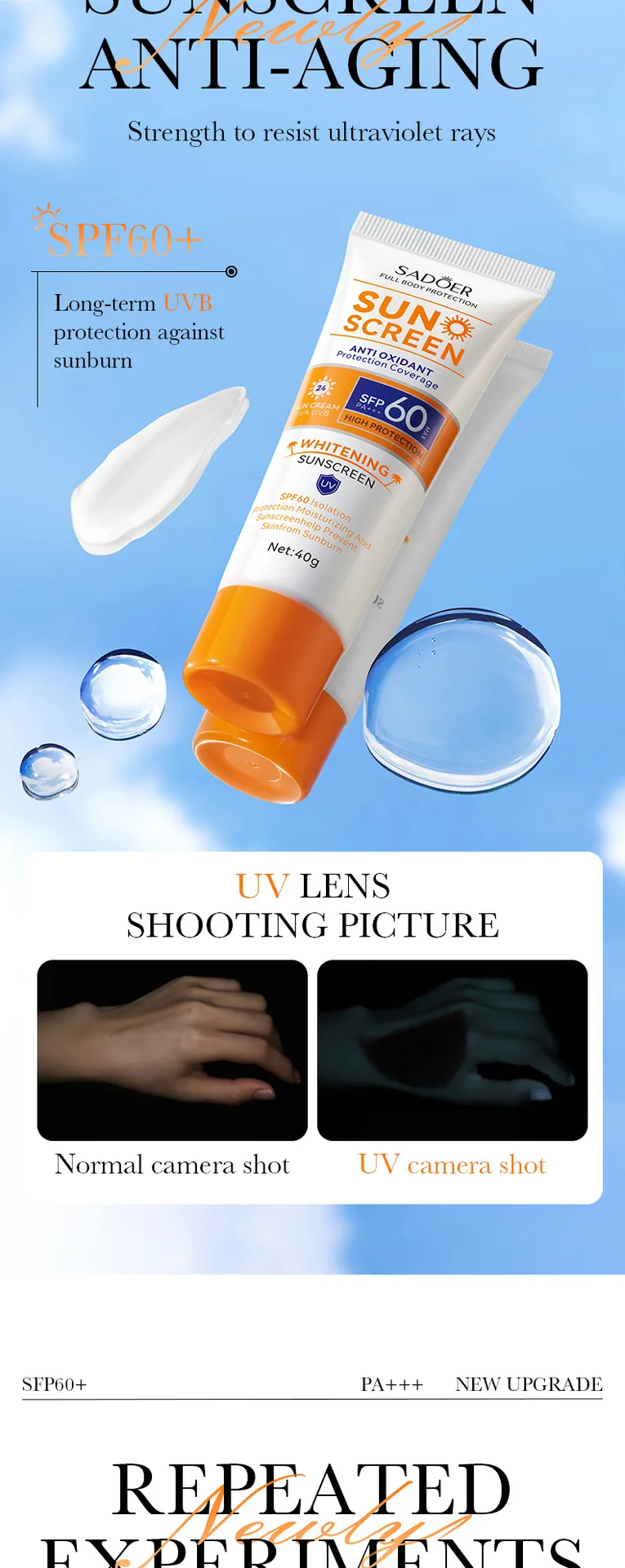 SADOER sunscreen texture display, refreshing, moisturizing, non greasy, UV resistant and sweat resistant, wholesale for forei