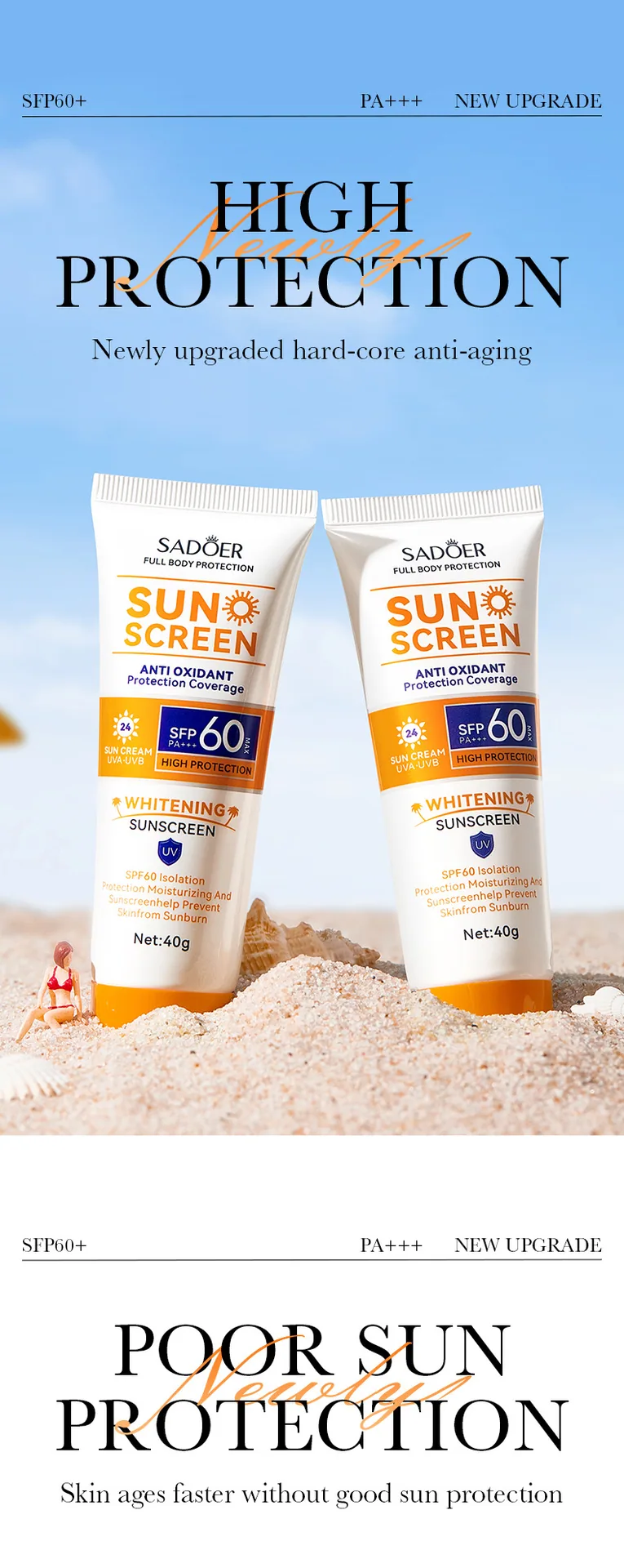 SADOER sunscreen packaging display, UV resistant, sweat resistant, moisturizing, refreshing, Yiwu foreign trade source