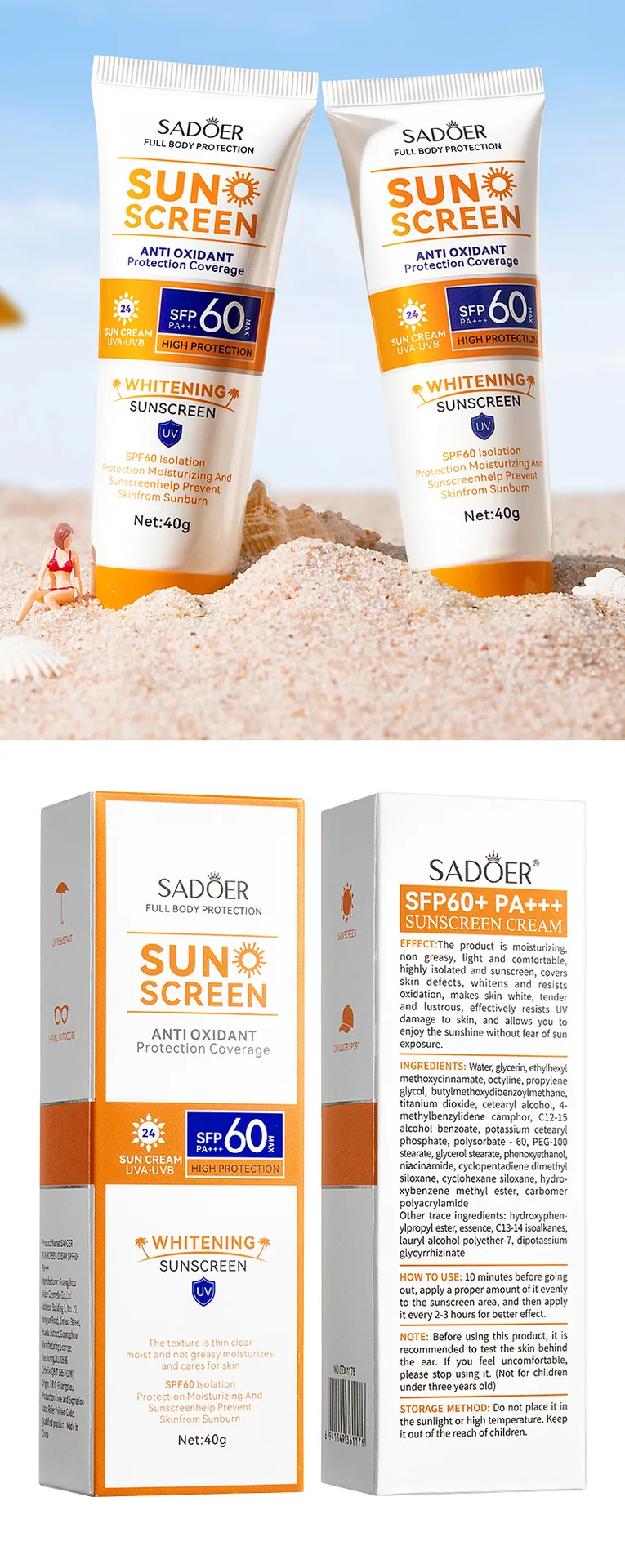 SADOER sunscreen is a cross-border hot selling product that is UV resistant, sweat resistant, moisturizing, refreshing and no