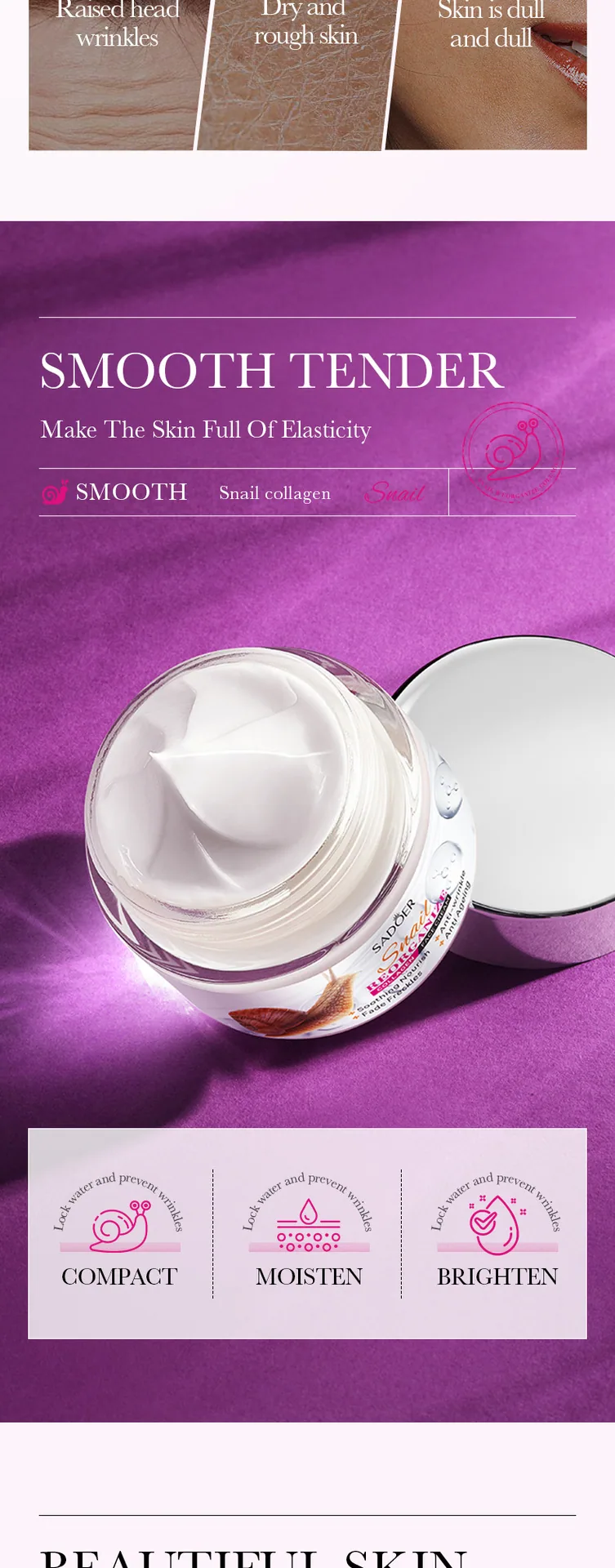 SADOER snail collagen face cream specification and capacity labeling, single pcs packaging, cross-border e-commerce foreign t
