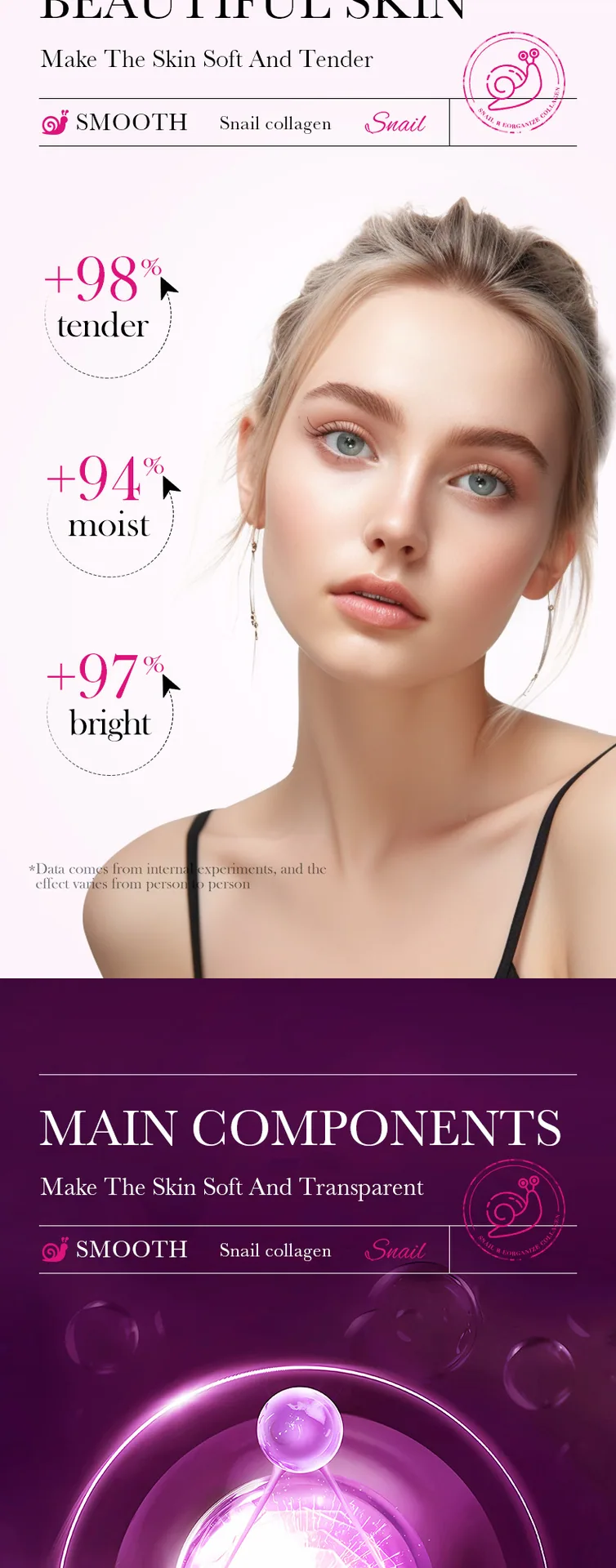 Close up of texture details of SADOER snail recombinant collagen face cream, moisturizing and moisturizing skin care, cross-b