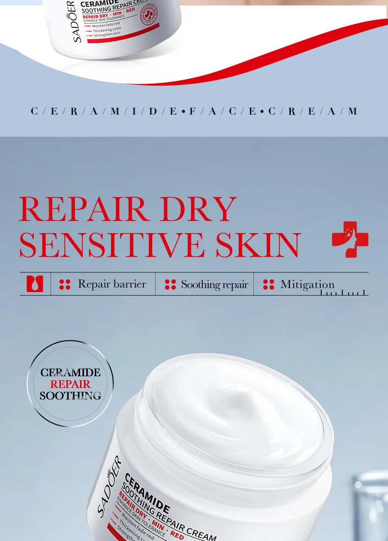 Detailed close-up of SADOER ceramide soothing and repairing face cream, moisturizing sensitive muscles, cross-border foreign 
