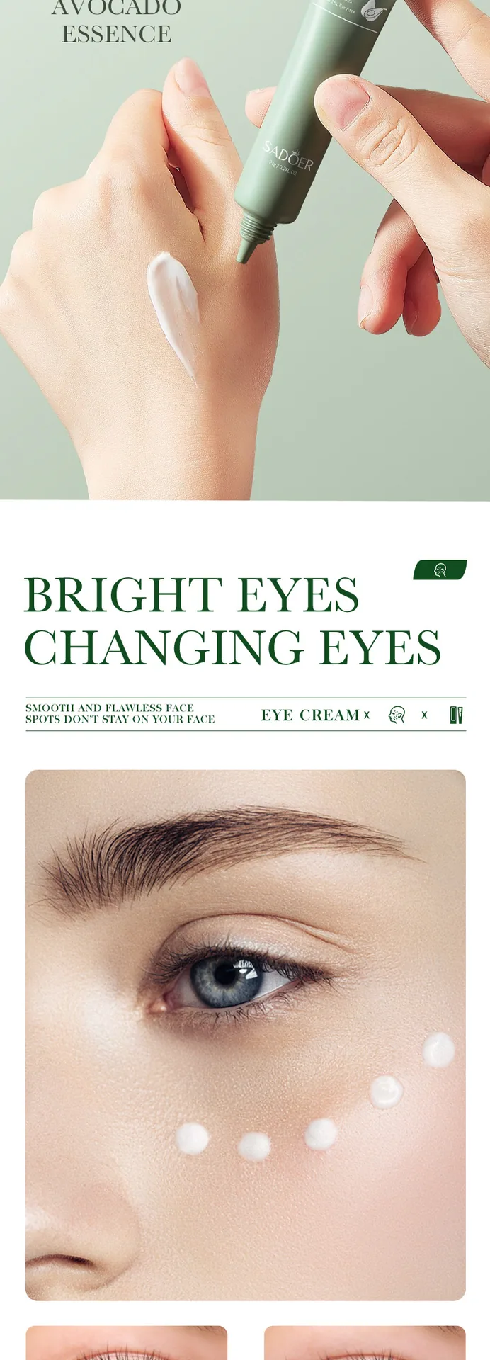 SADOER Avocado Eye Cream usage scenario display, apply to the eye area with fingertips, moisturize and moisturize the eye car