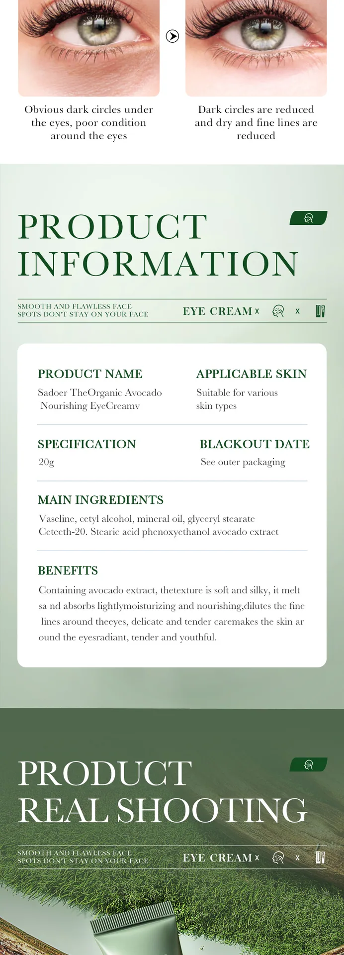 SADOER Organic Avocado Eye Cream showcases its effectiveness in reducing dark circles and moisturizing the eye area, making i