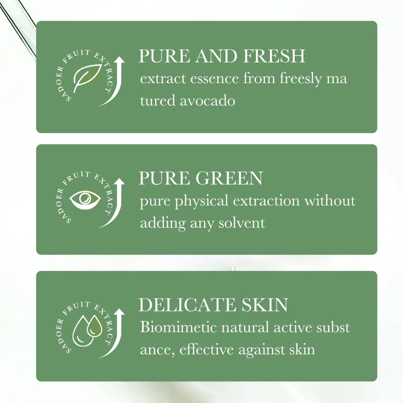 SADOER eye cream texture close-up, organic avocado ingredients, moisturizing and non greasy, easy to absorb