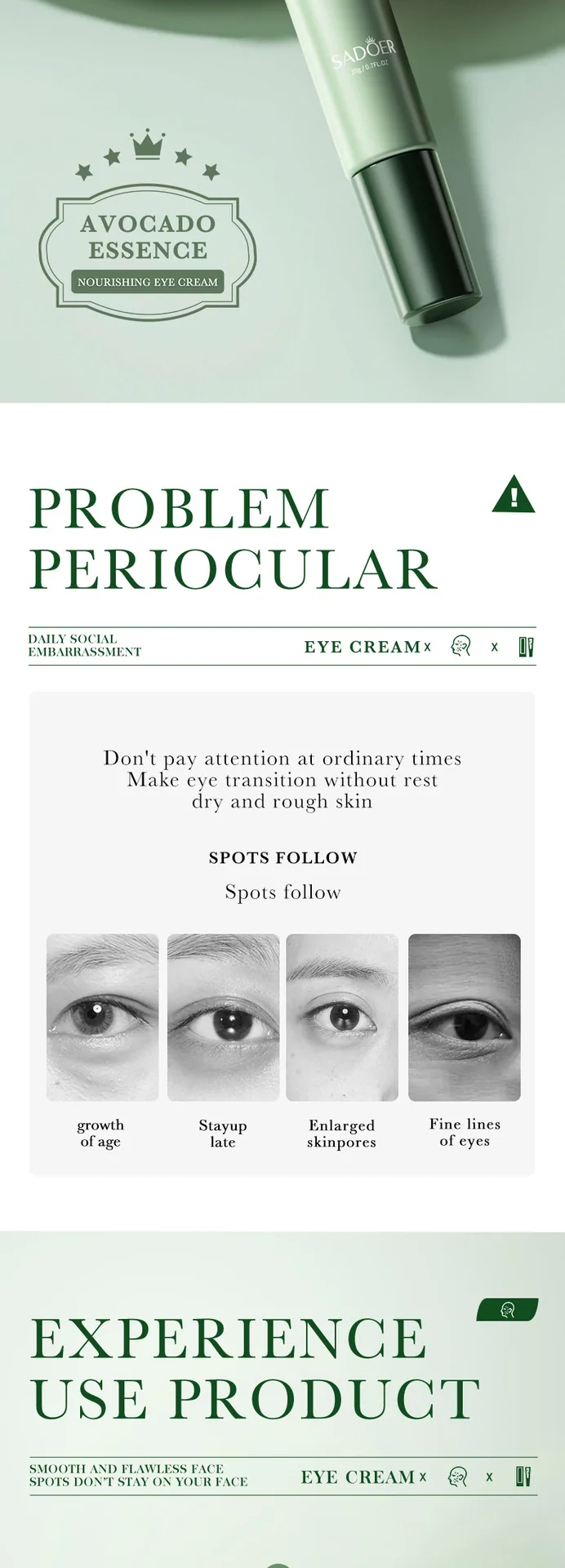 Detail image of SADOER eye cream packaging box, printed in English, organic avocado nourishing formula