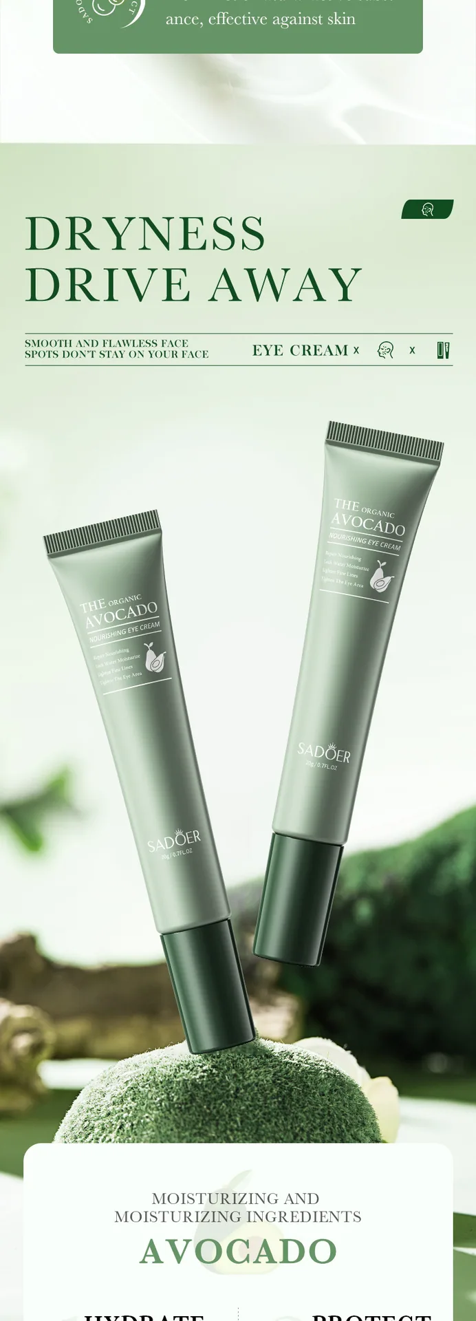 SADOER Organic Avocado Nourishing Eye Cream Details Close Up, Moisturizing and Diminishing Dark Circles, Cross border E-comme