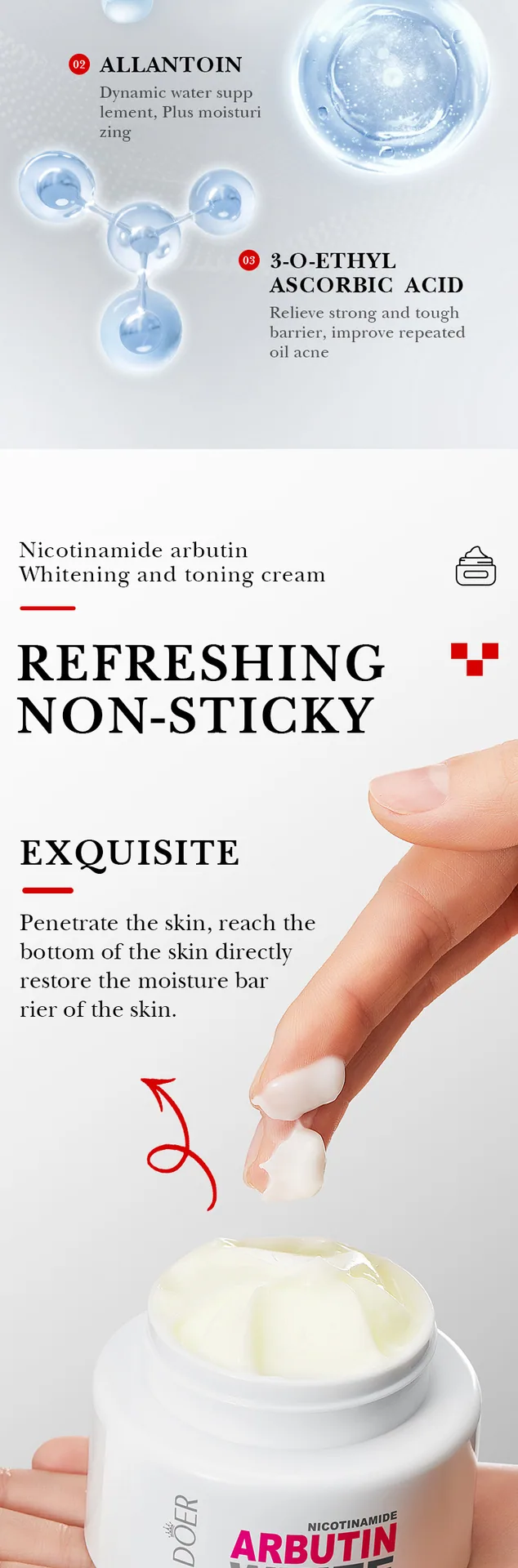 SADOER Whitening essence Cream Bottle Back Composition Description Nicotinamide Spot Lightening&Moisturizing essence Cream La
