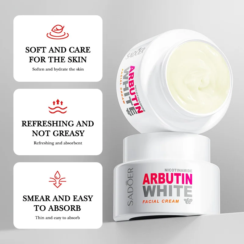 SADOER Nicotinamide Whitening essence Cream Bottle Front Detail Close up English Label Clear Visible Moisturizing Spot