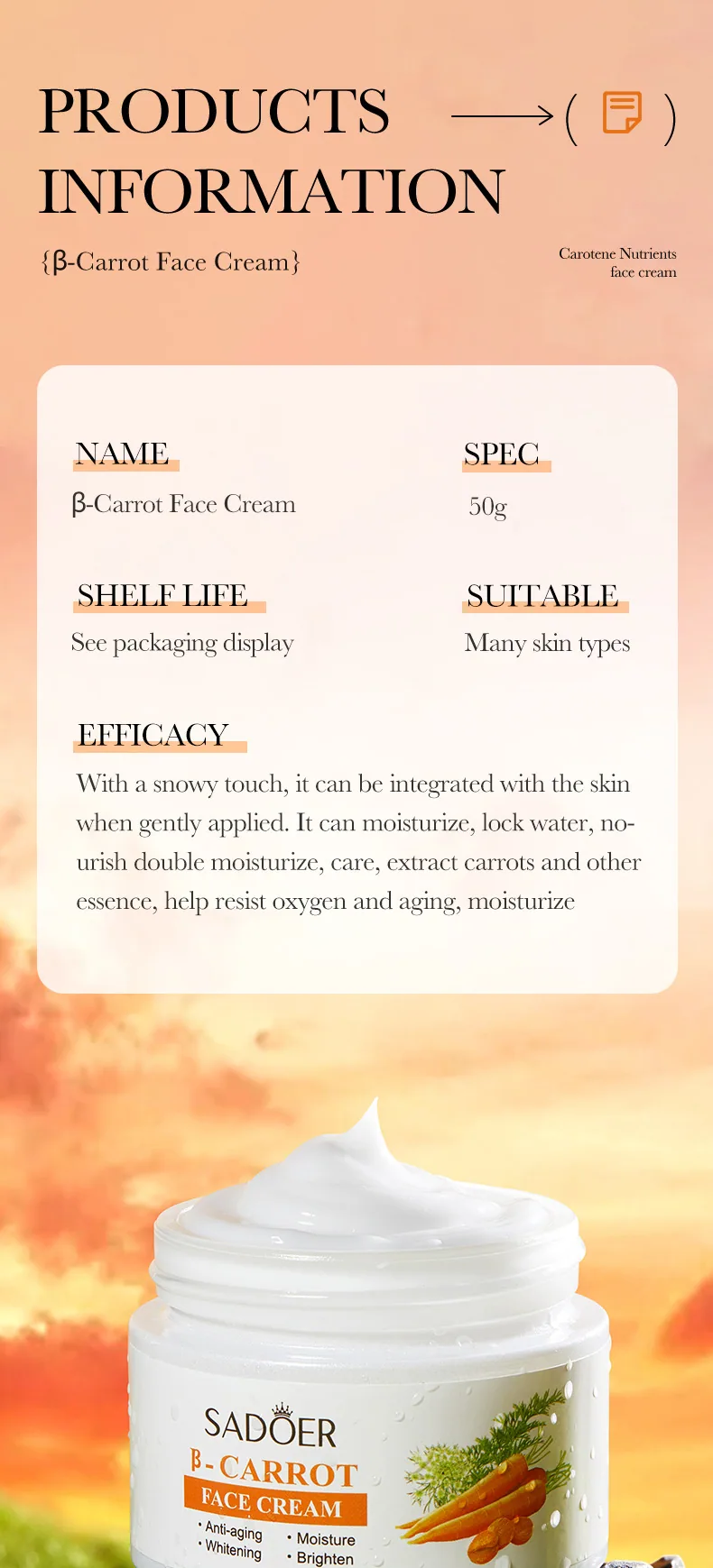 SADOER Beta Carrot face cream Uncovering Cream Shows Moisturizing, Nourishing and Moisturizing Facial and Body Dual purpose S