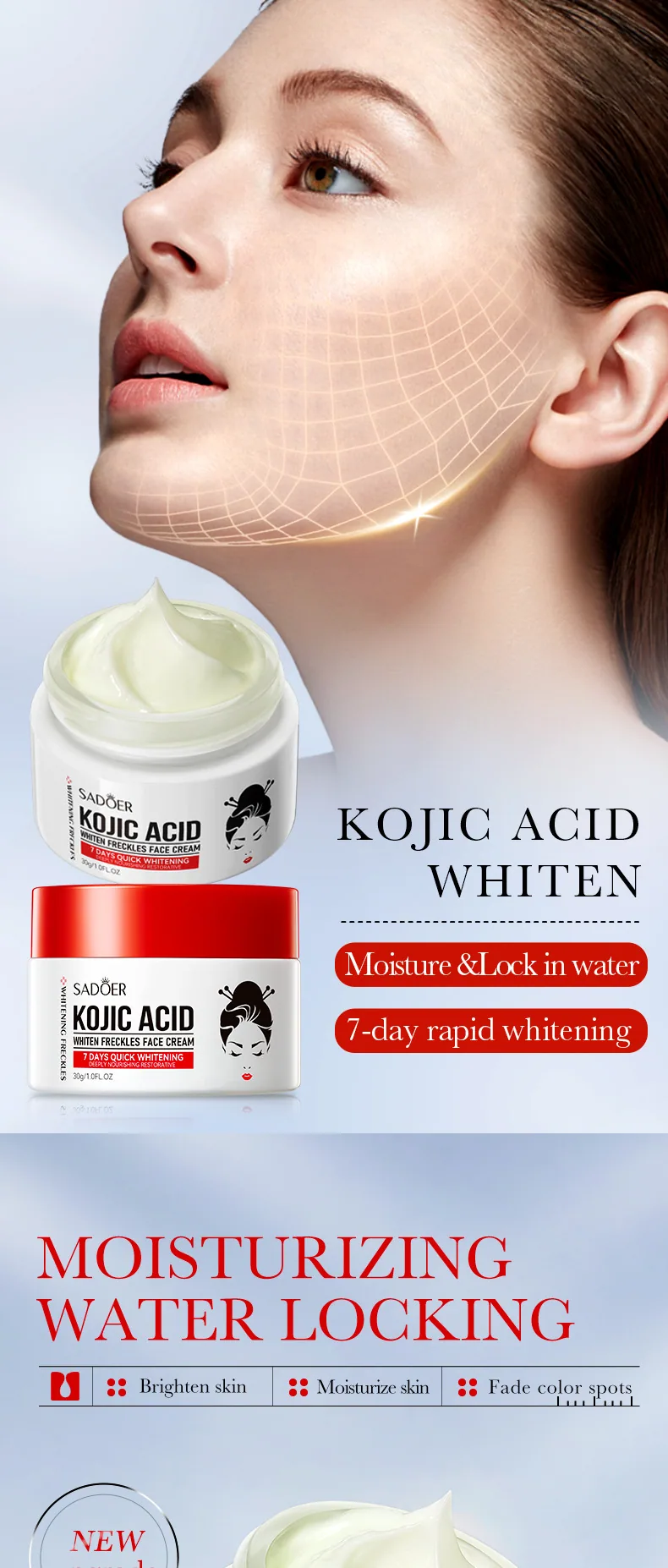 SADOER Kojic Acid Whitening and Spot Removing Cream Details Close up, Brightens and Brightens Skin, Diminishes Melanin, Yiwu 