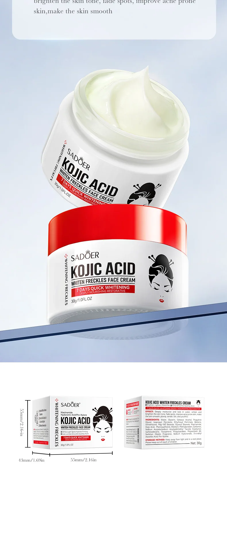Detailed close-up of SADOER kojic acid whitening and freckle removing cream, showing the texture of brightening and brighteni