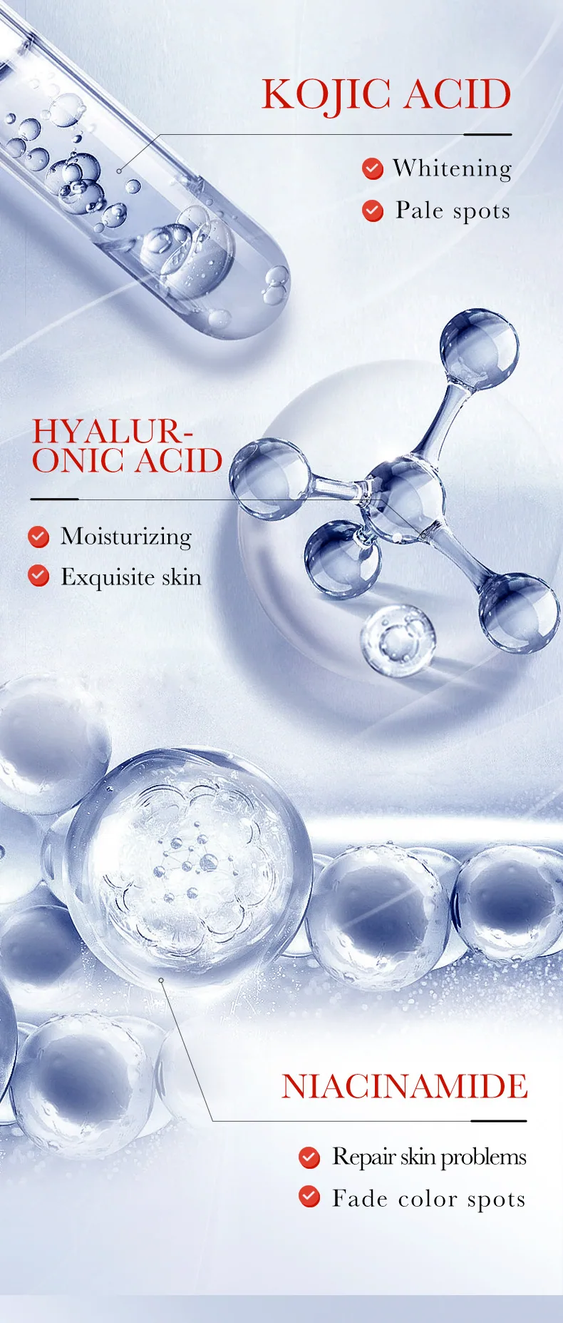 Close up of details of SADOER kojic acid whitening and freckle removing cream, display of texture of brightening melanin face