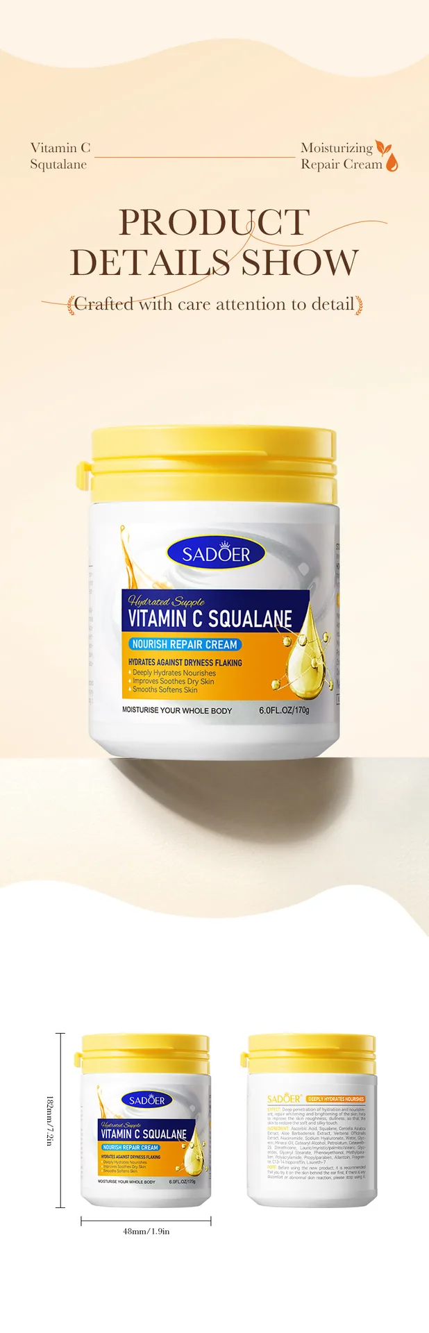 SADOER Vitamin C Squalane Moisturizing Repair Cream Details Close up Cross border Wholesale face cream Texture Display