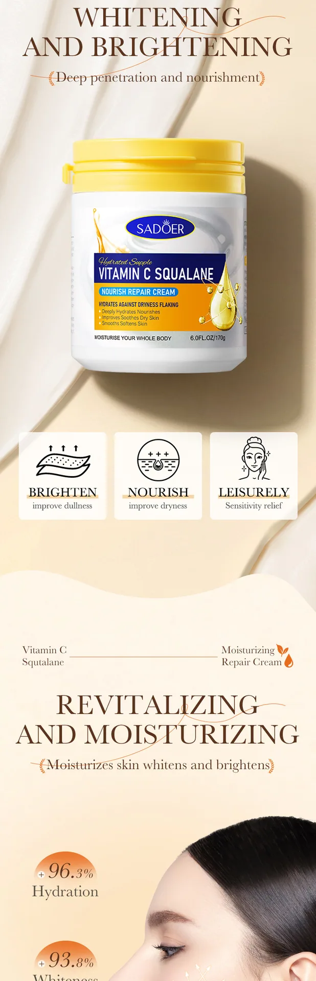 SADOER Vitamin C Squalane Moisturizing Repair Cream for Face and Body Dual Use Details Close up Display Cross border E-commer