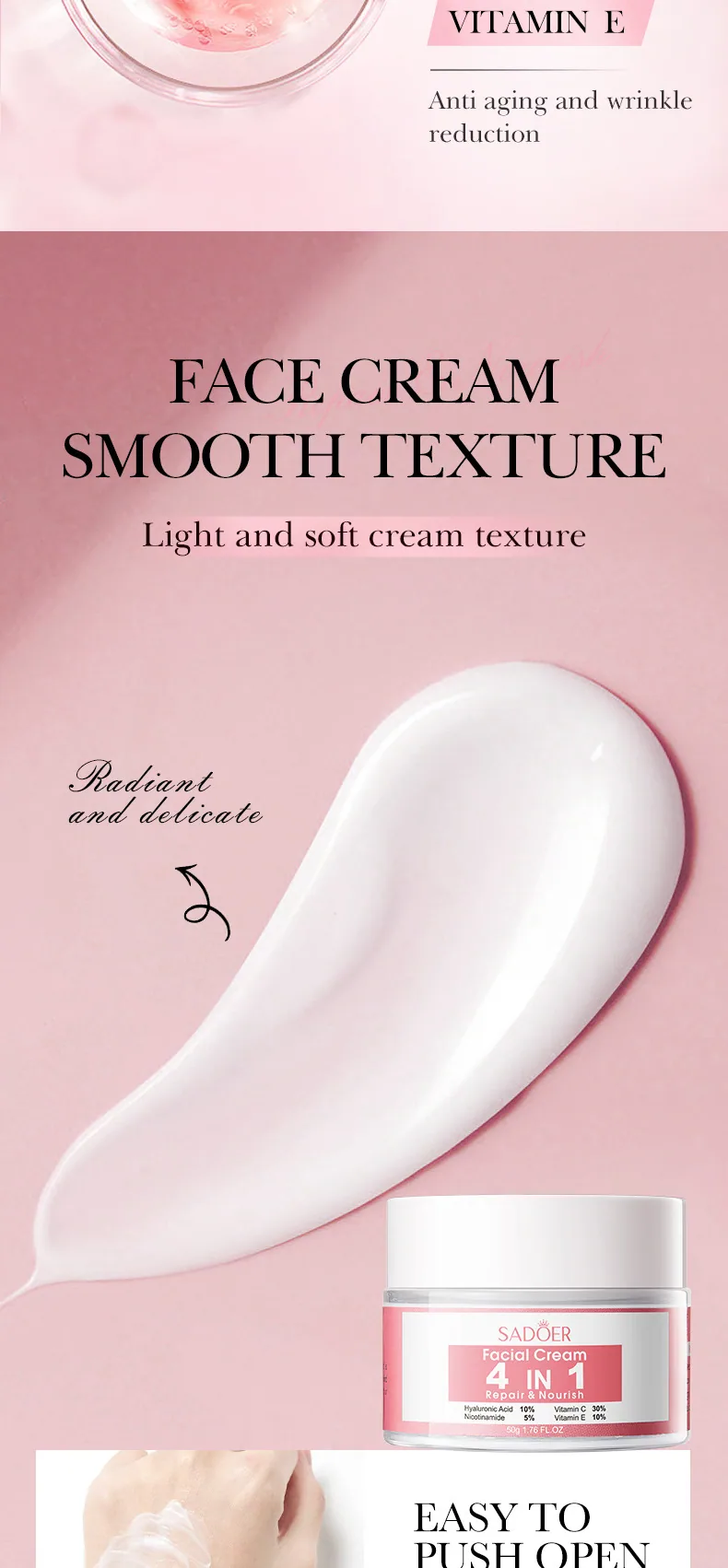 SADOER 4-in-1 Tightening and Moisturizing Cream Texture Application Close up, High Moisturizing and Revitalizing, Cross borde