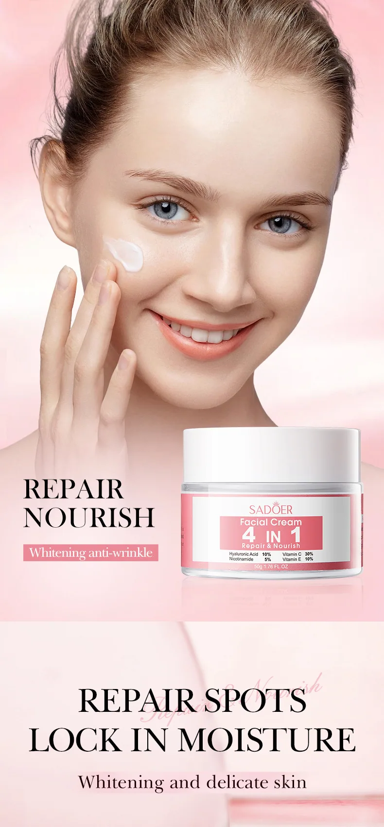 Close up of bottle details of SADOER 4-in-1 face cream, showing the packaging process of 4-in-1 firming and filling high mois
