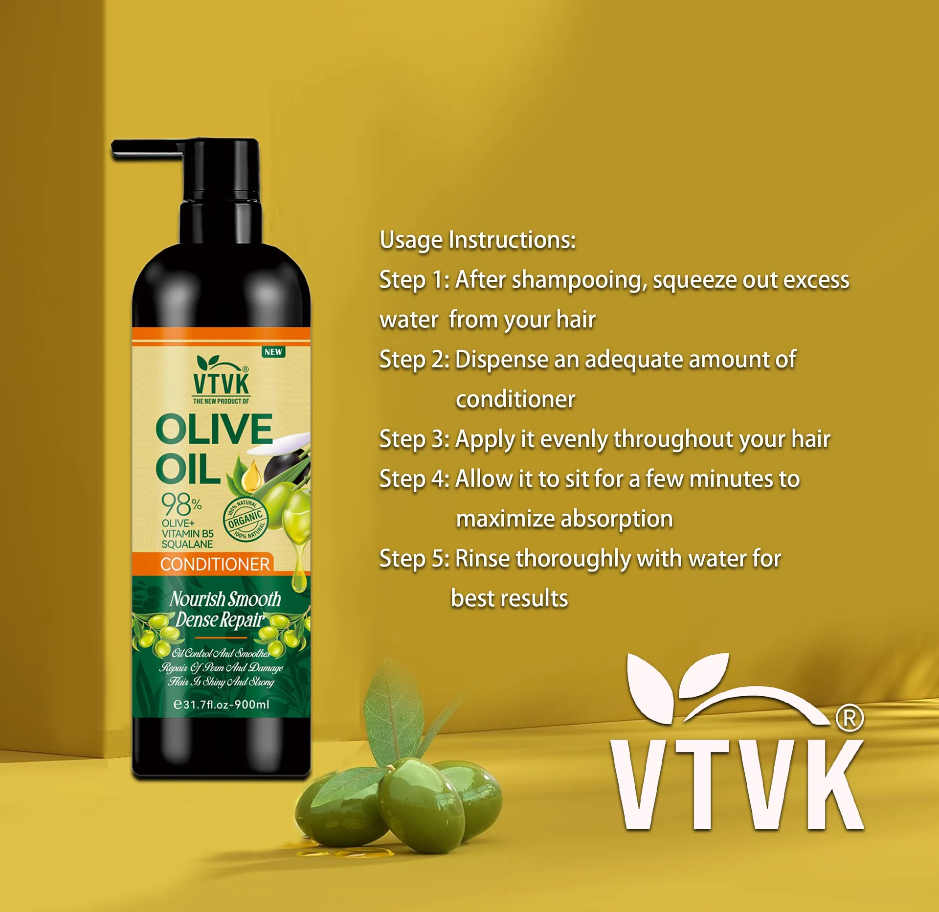 Close-up of 900ml luxurious olive oil infused hair conditioner bottle showing nourishing formula detail