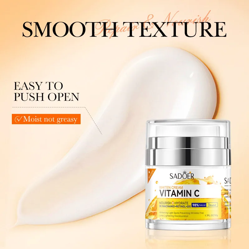 Detailed close-up of SADOER Vitamin C whitening and brightening face cream, moisturizing and moisturizing texture, cross-bord