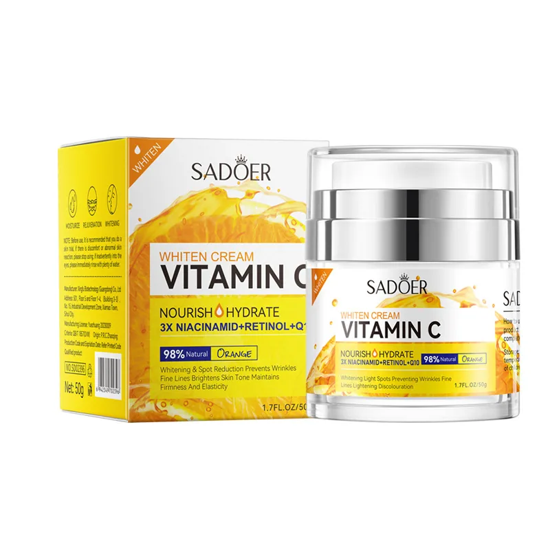 Detailed close-up of SADOER Vitamin C whitening and brightening cream, texture display of moisturizing face cream, cross-bord