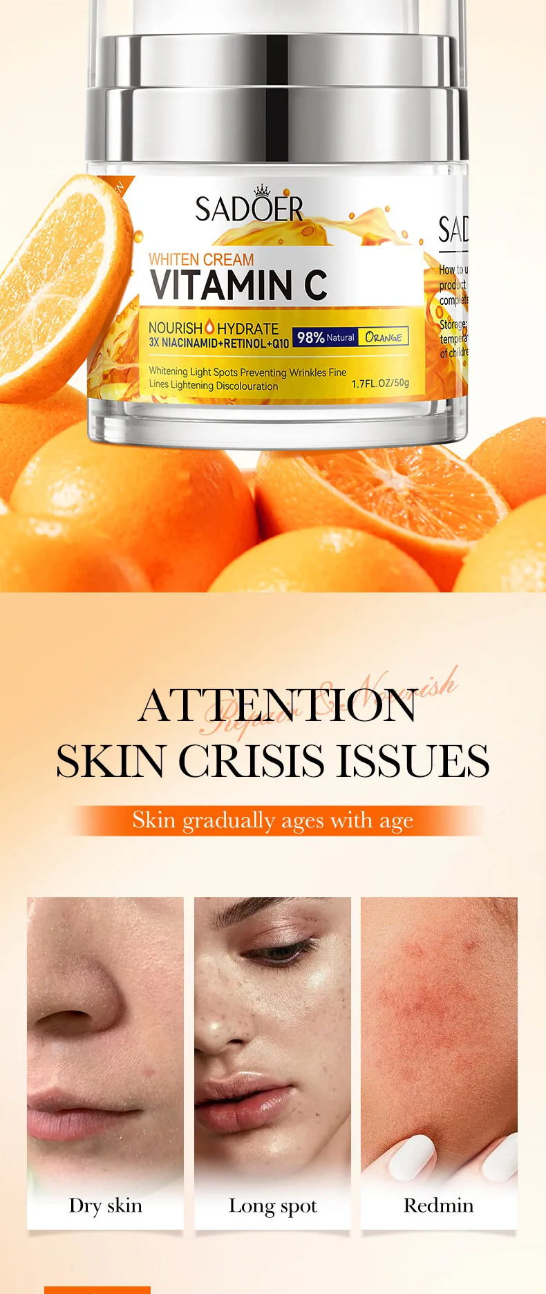 SADOER Vitamin C Whitening&Brightening face cream texture details, moisturizing, cross-border foreign trade wholesale face cr