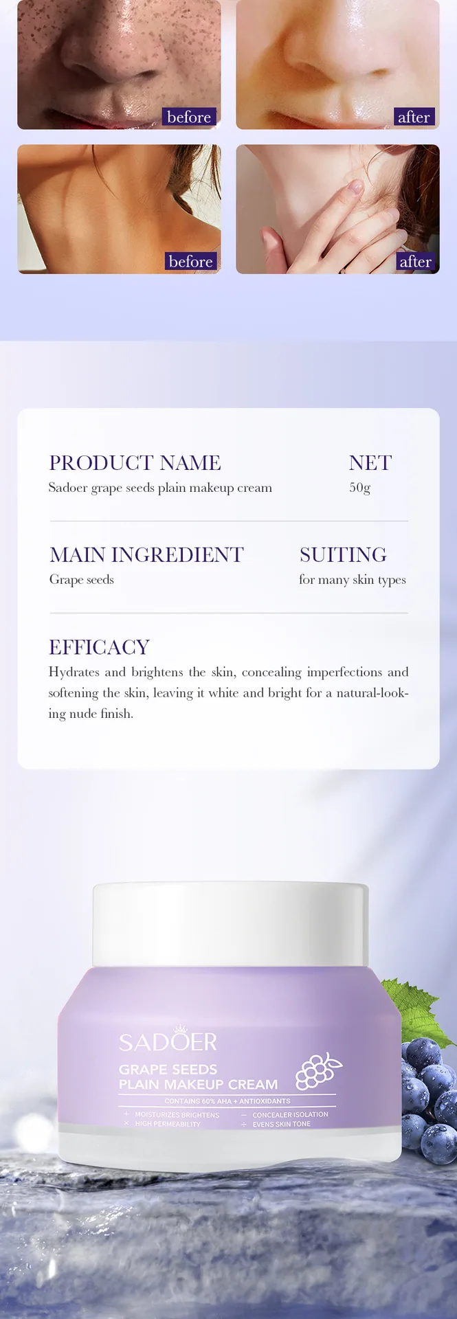 SADOER Grape Seed concealer Brightening Cream Pipe Body Dimension Marking Portable Specification Unit pcs Yiwu Ouou Import an