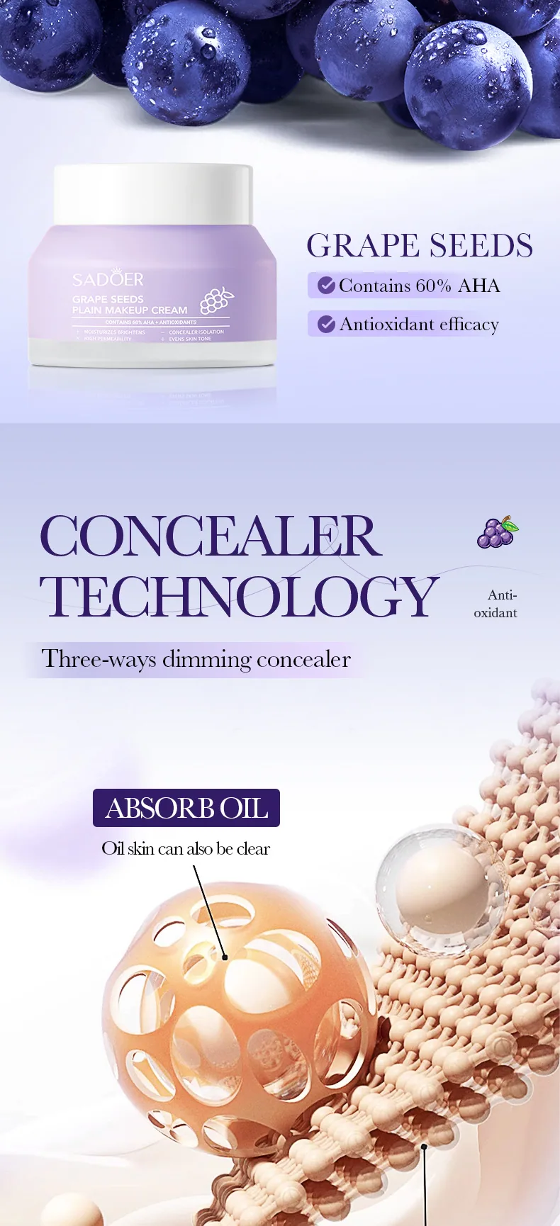 SADOER Grape Seed concealer Cream Package Front Details Brand Logo Clear Cross border Foreign Trade Wholesale Source