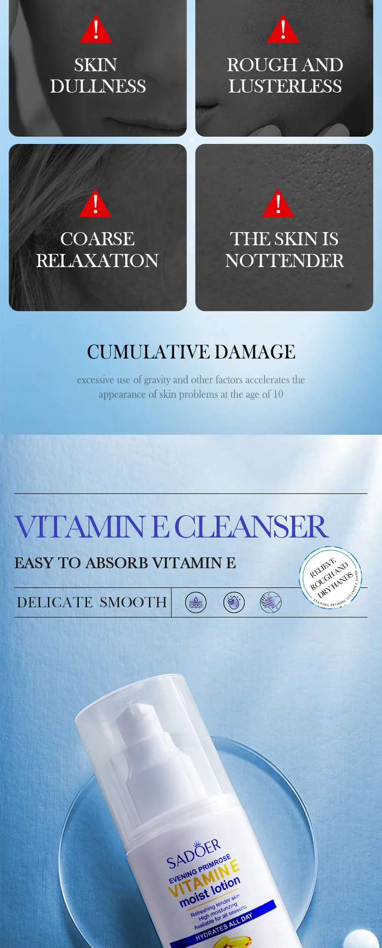 Page 13 of SADOER Vitamin E Milk Cream before and after use is suitable for skin moisturizing, new face and body facial mask