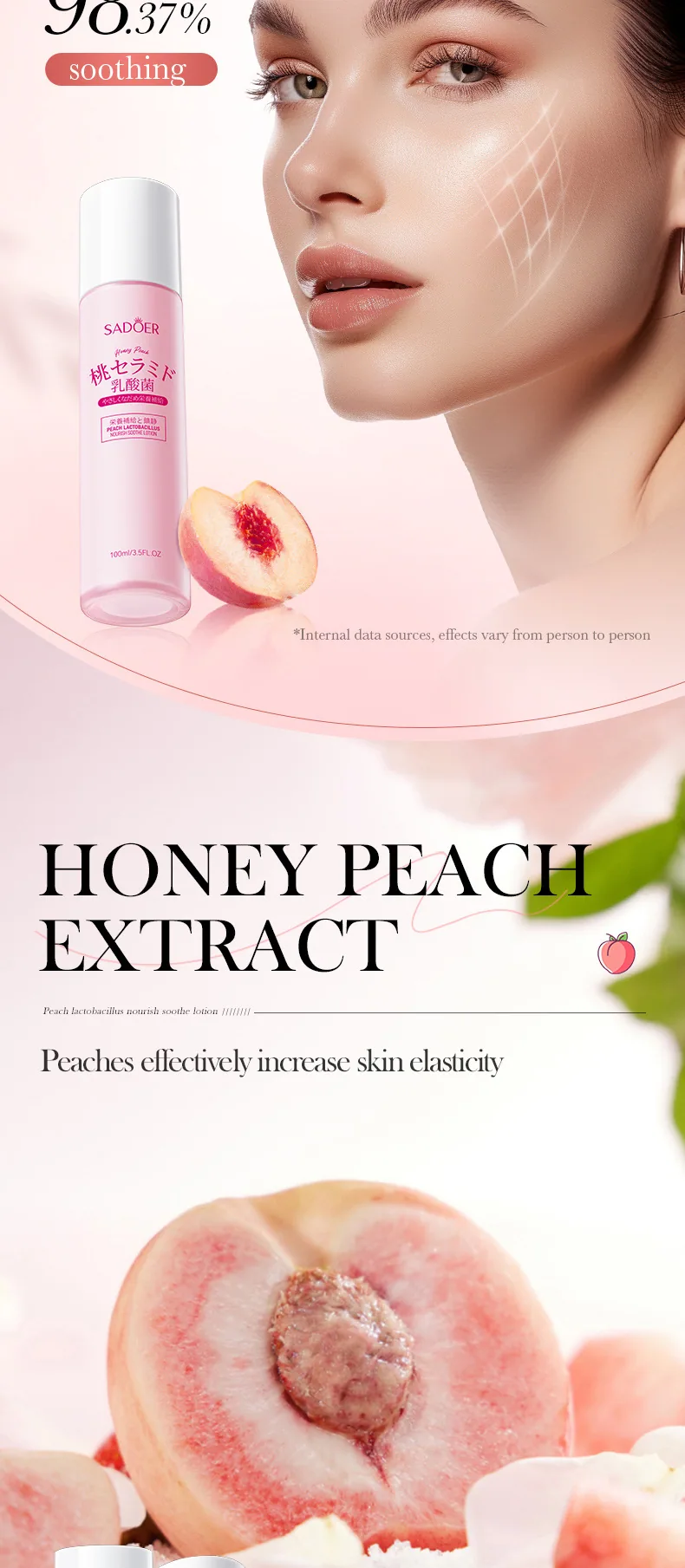 SADOER Peach Lactobacillus Soothing lotion texture close-up, moisturizing, nourishing and facial body care