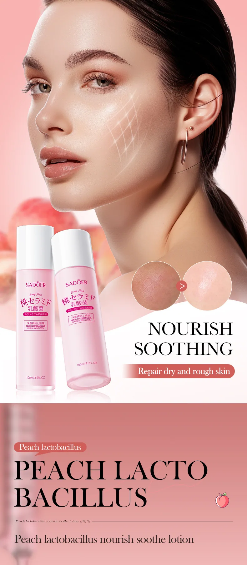 SADOER Peach Lactobacillus Soothing and Moisturizing lotion specification and style display, Yiwu Ouou import and export supp