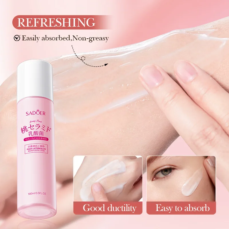 Detailed close-up of SADOER Peach Lactobacillus Soothing and Moisturizing lotion, and texture display of facial and body dual