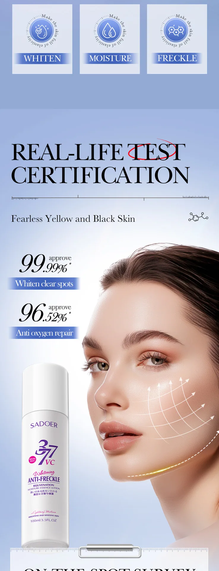 Close-up details of SADOER whitening and freckle-removing moisturizing essence, showing the texture of brightening and hydrat
