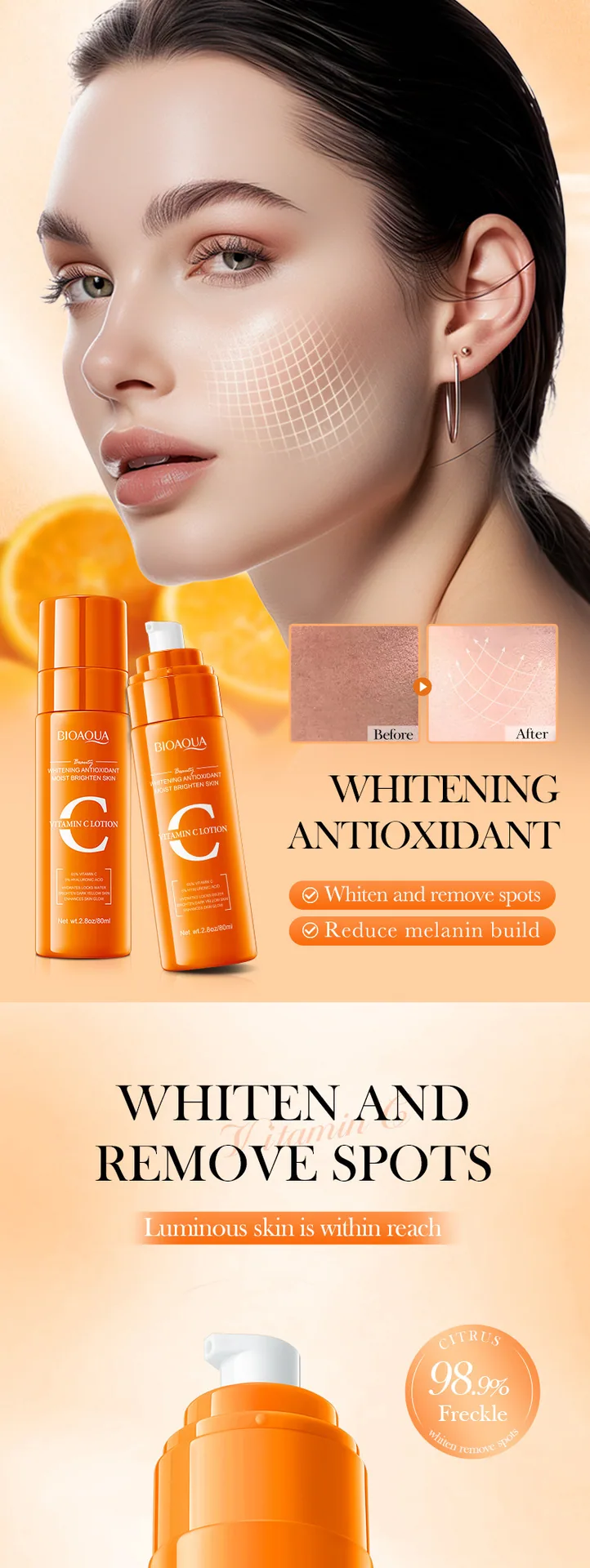 BIOAQUA Vitamin C essence Emulsion Moisturizing Anti oxidation lotion Bottle Mouth Pump Head Details Display
