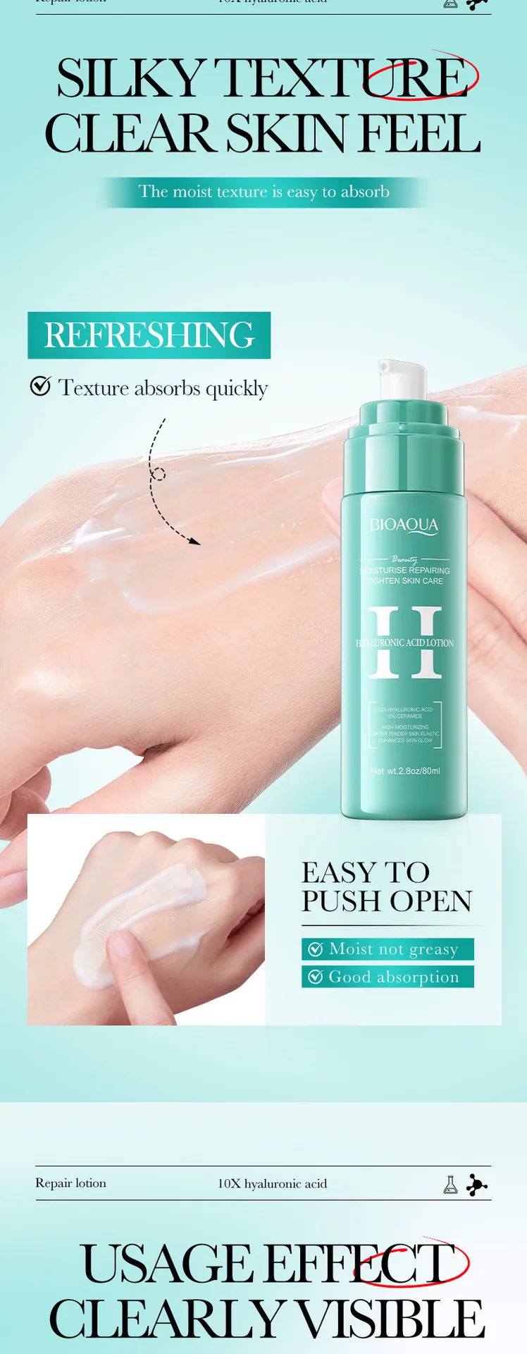 BIOAOUA hyaluronic acid essence milk press pump head details, sanitary and convenient, moisturizing repair lotion use scenari