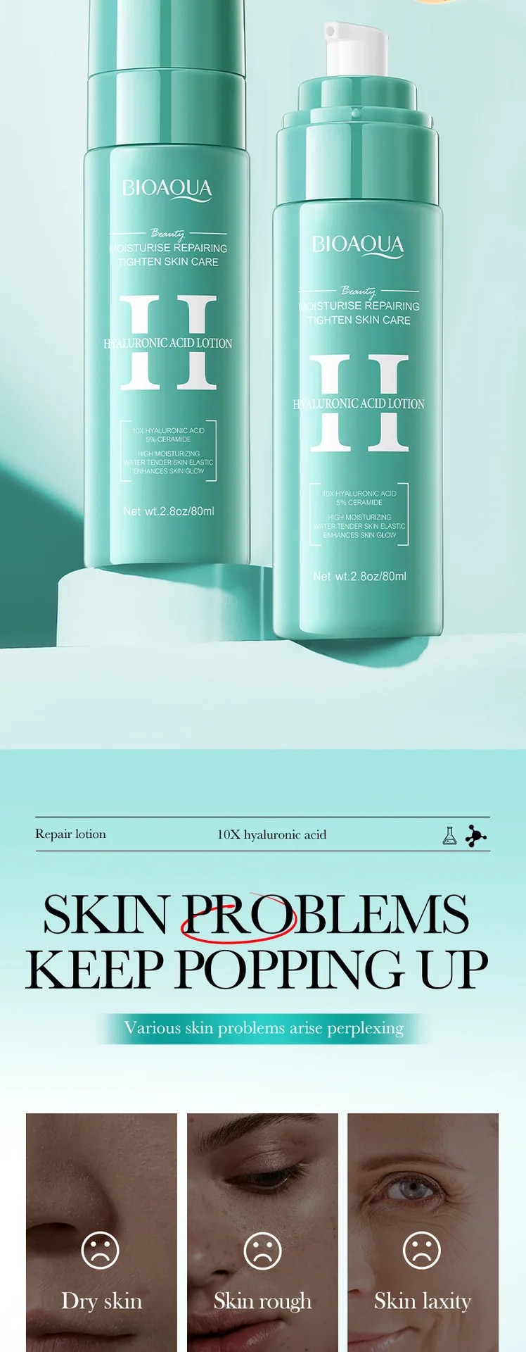 Use scene of BIOAOUA hyaluronic acid lotion, demonstration of applying essence milk in morning and evening skin care steps