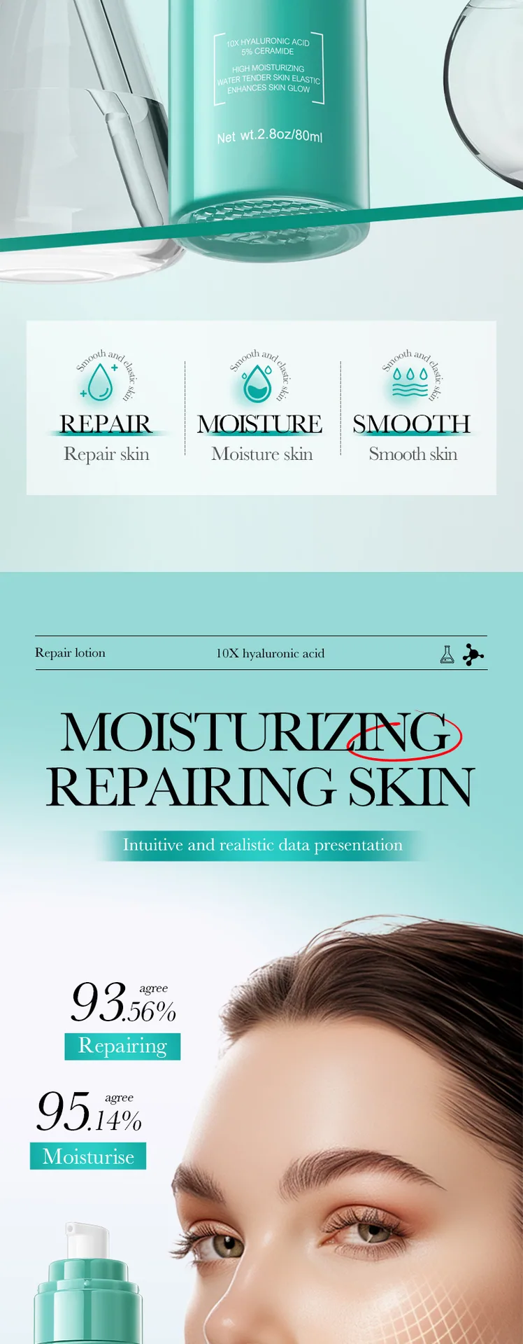 BIOAOUA Hyaluronic Acid Moisturizing Repair lotion texture details, lightweight moisturizing essence milk, skin friendly and 