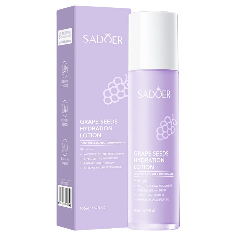 Detailed close-up of SADOER grape seed antioxidant repair lotion pump head, and design display of moisturizing essence milk o