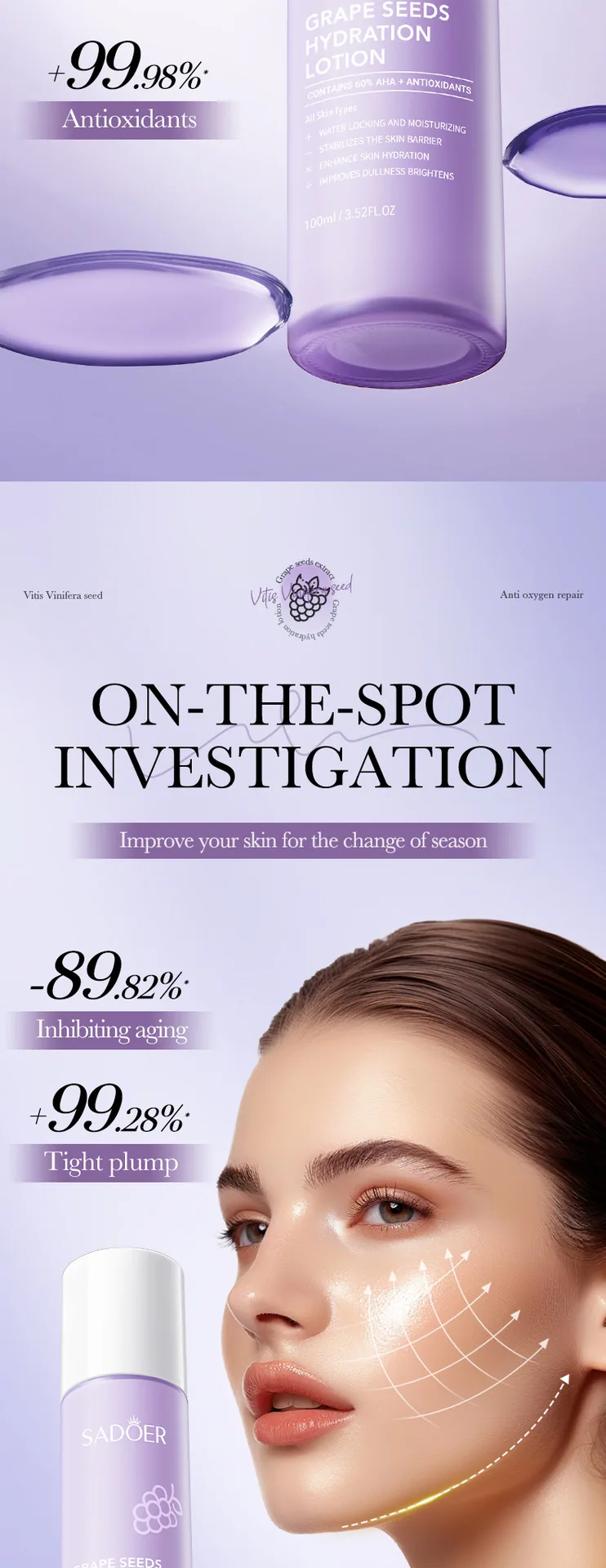 SADOER grape seed antioxidant repair lotion texture close-up, moisturizing essence milk delicate and smooth, cross-border e-c