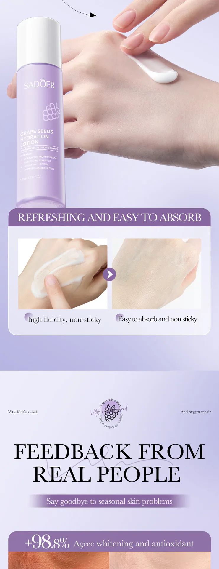 SADOER grape seed anti-oxidation repair lotion external packaging box display, cross-border e-commerce authentic packaging, m