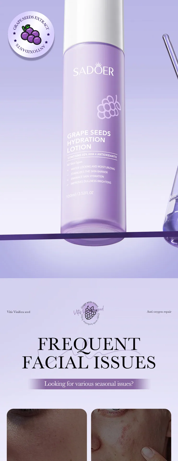 Close up of the components of SADOER grape seed antioxidant lotion, grape seed extract and repair formula display