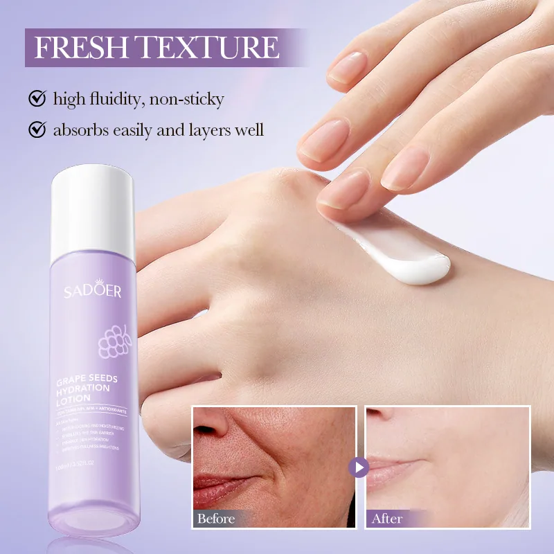 Close up of the texture of SADOER grape seed repair lotion, milky white moisturizing essence milk's extensibility display, an