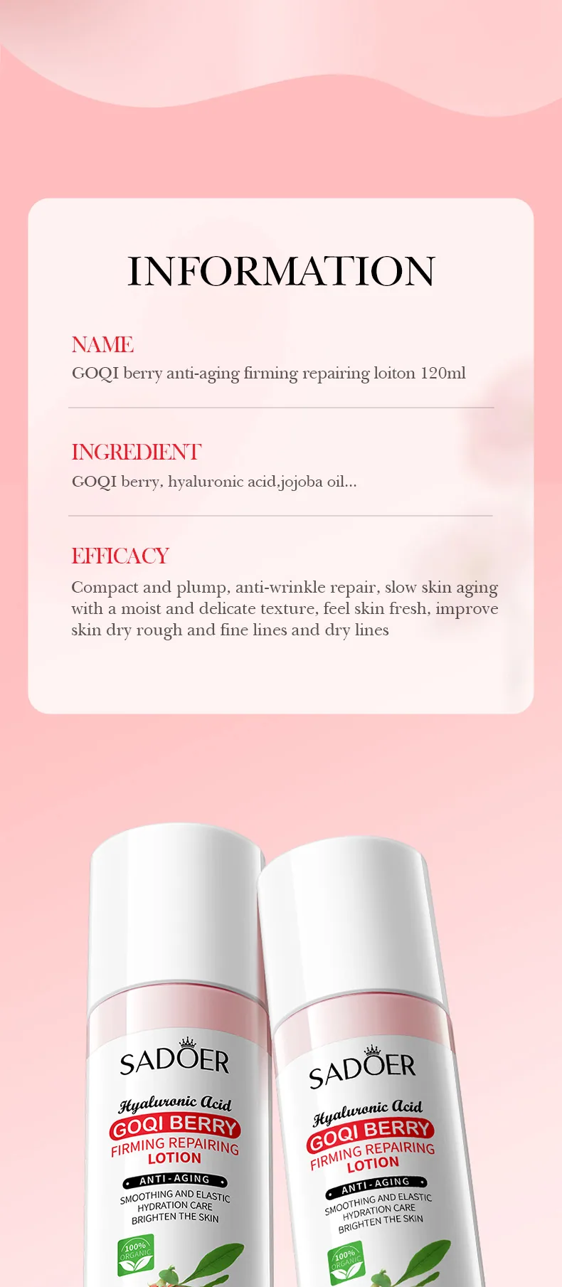 SADOER Lycium Buckle Anti Wrinkle Firming Repairing lotion Bottle Size Marking Moisture Replenishment Wholesale Specification