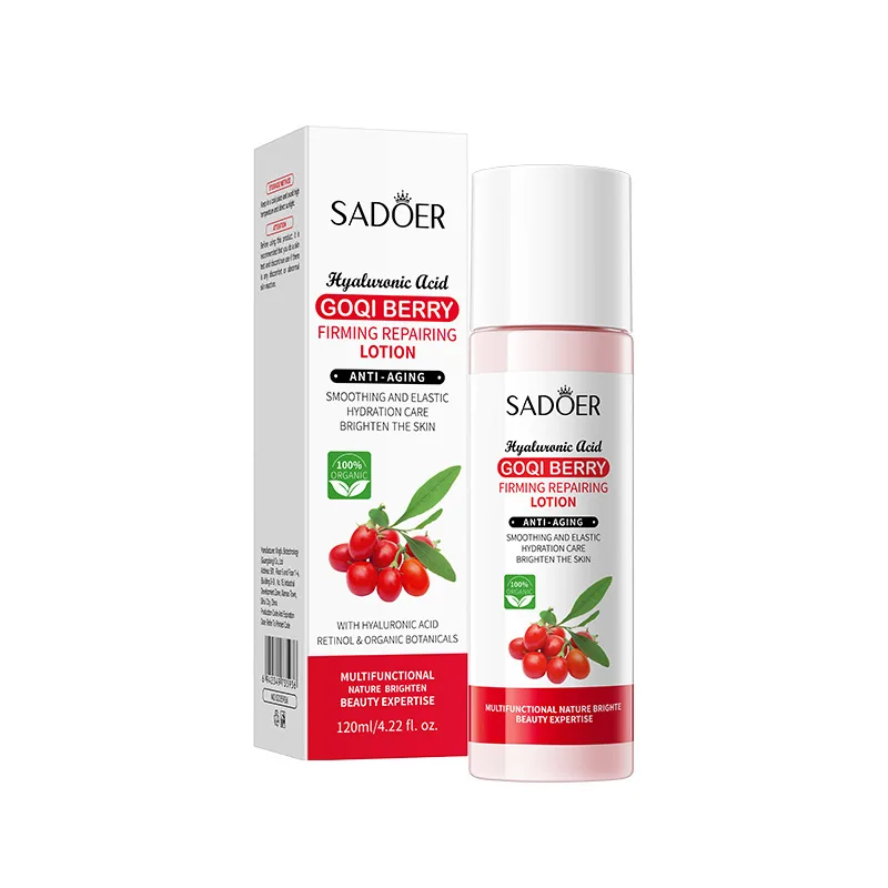 Close up of SADOER Lycium Anti Wrinkle lotion bottle details, showing the firming repair formula and moisturizing texture