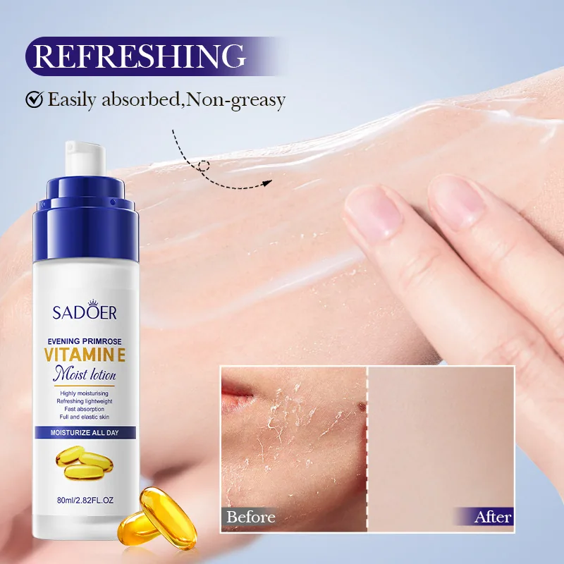 SADOER Evening Primrose Vitamin E lotion Texture Smear Close up Refreshing High Moisturizing Firming Emulsion Facial Body App