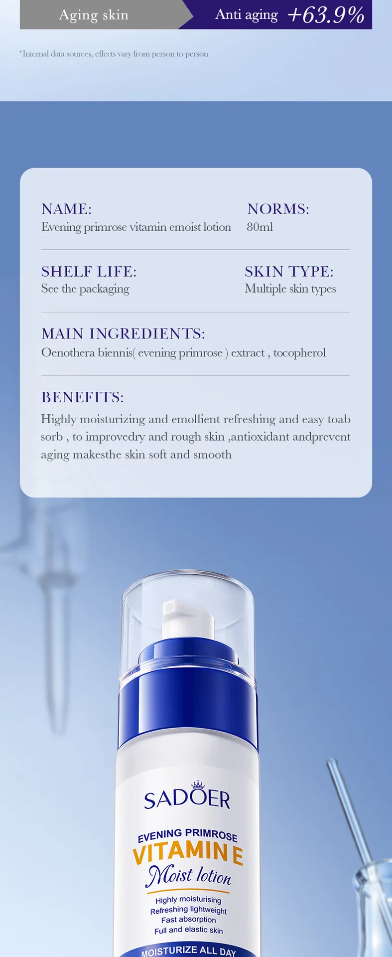 SADOER Evening Primrose Vitamin E lotion packaging front display, high moisture tight emulsion, original cross-border foreign