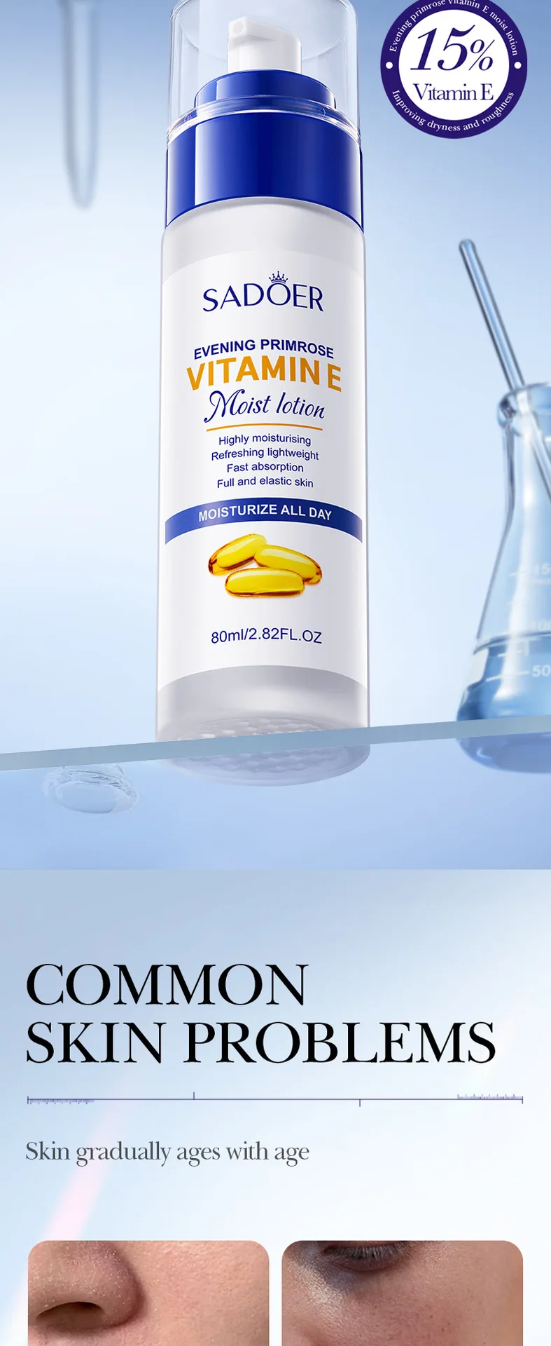 SADOER Evening Primrose Vitamin E lotion ingredient selling point display Evening Primrose Vitamin E high moisturizing and fi