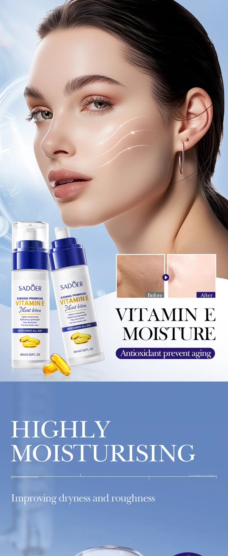 The use scene of SADOER Evening Primrose Vitamin E lotion, facial and body moisturizing and firming care, cross-border e-comm