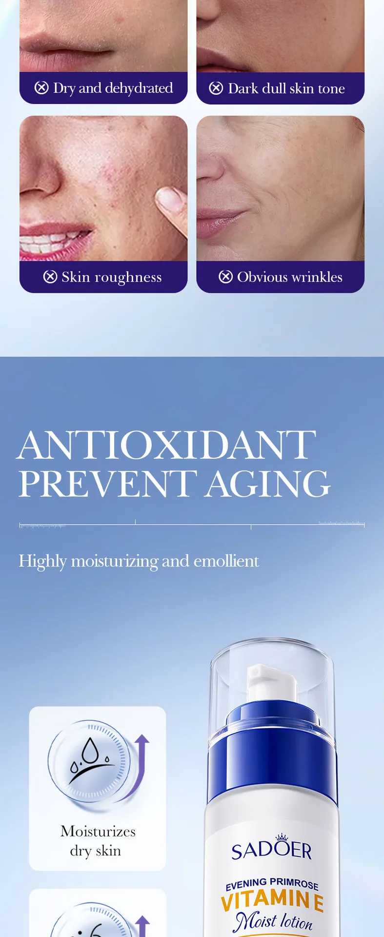 SADOER high moisturizing and firming water emulsion shows its texture, evening primrose vitamin E lotion has extensibility, a