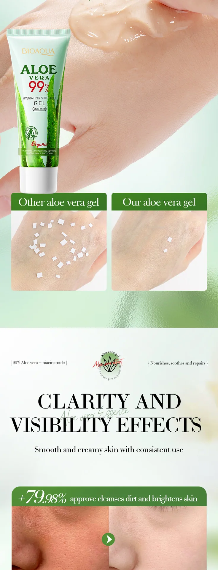 BIOAOUA Aloe Vera Gel Тафсилоти компонентҳои наздик Экстраксияи Aloe Vera табиӣ Moisturizer ором нигоҳубини рӯ яклухт